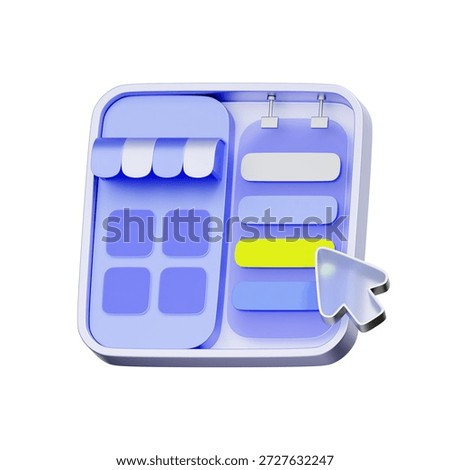 3D icon of a store management interface with product cards and cursor For marketplace seller dashboard, inventory management, ecommerce platform, and product listing service.