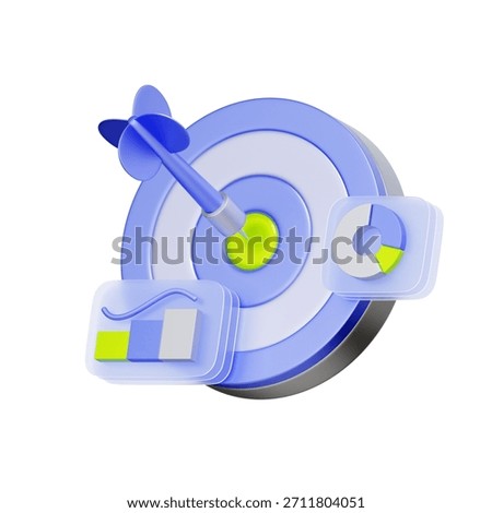 3D icon of a target with a dart and data charts For performance metrics, goal achievement, targeted marketing, and data analysis.
