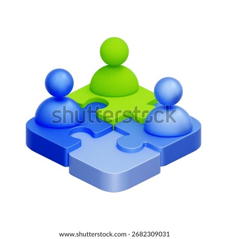 3D icon of a team on interlocking puzzle pieces For social cohesion, diverse team collaboration, community integration, stakeholder engagement.
