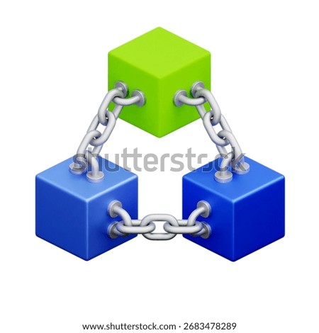 3D icon of three blocks connected by chains For blockchain technology, decentralized network, supply chain integrity, interconnected systems.