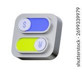 3D icon of a toggle switch for selecting currencies like Dollar or Yen For currency selection interfaces, multi-currency account features, choosing exchange options, and activating currency modes.