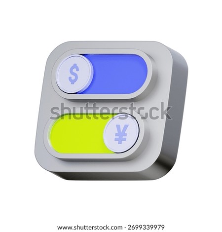 3D icon of a toggle switch for selecting currencies like Dollar or Yen For currency selection interfaces, multi-currency account features, choosing exchange options, and activating currency modes.