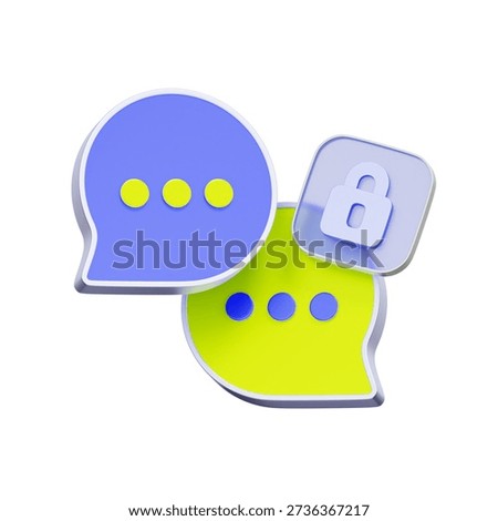 3D icon of two speech bubbles with a secure padlock for encrypted chat, private communication, secure messaging, and data confidentiality.
