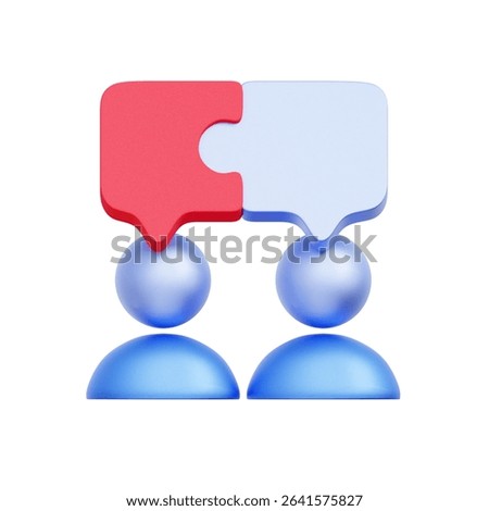 3D icon of two user figures with interlocking speech bubbles. For effective communication, collaborative discussion, idea exchange, and problem resolution.