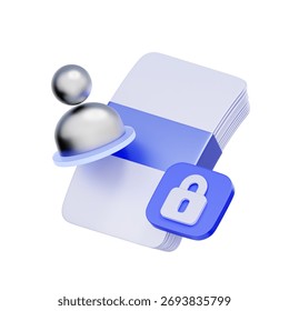 3D icon of user account data with a lock icon For secure account login, data privacy protection, user authentication, and profile security.