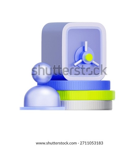 3D icon of a user avatar with a safe and coins For personal business account, freelancer savings, private banking, and individual wealth.