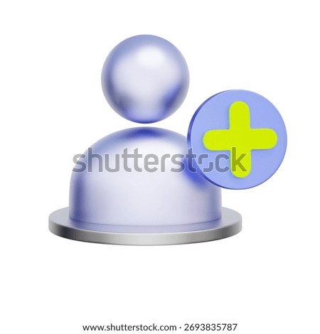 3D icon of a user profile with a plus sign For creating a new account, user registration, adding a new member, and signing up.