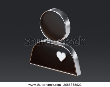 3D icon of a user profile with a small heart on the chest, representing favorite user, customer loyalty, and personal account features in apps or websites.