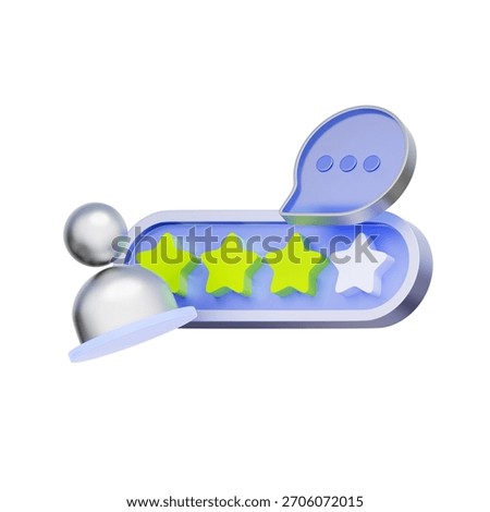 3D icon of a user profile with a speech bubble and star rating For customer review, feedback score, seller rating, and reputation management.