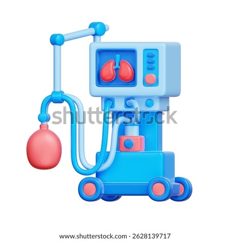 3D icon of a ventilator machine with attached respiratory tubing, used to support patients with breathing difficulty in intensive care units and emergency settings.