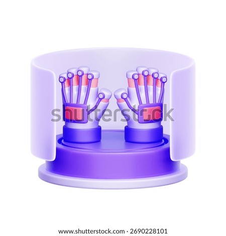 3D icon of VR haptic gloves on a display stand For immersive virtual reality, tactile feedback, interacting with virtual objects, and advanced VR control.