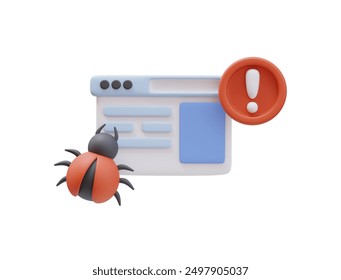 3d Icon Website Page Warning Sign Red Bug. Programming and Coding. Fixing Bug. Web Development, Software Testing, Finding Bugs. 3D illustration for web and app