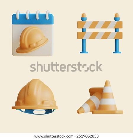3D icons of construction tools, including a hard hat, calendar, and traffic cones.