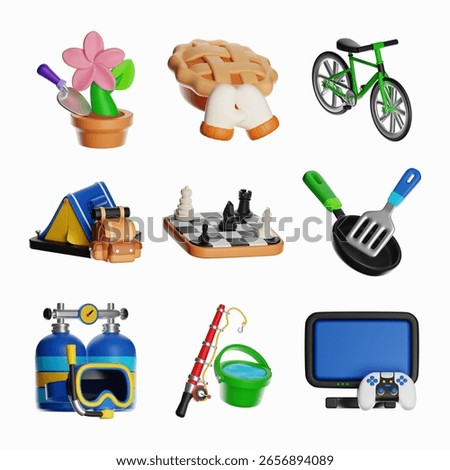 3d icons representing various hobbies and activities, including gardening, baking, cycling, camping, chess, cooking, diving, fishing, and gaming