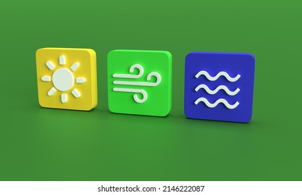 3D-Symbole von Sonne, Wind und Wasser als Beispiele für erneuerbare Energien, um den Klimawandel zu stoppen. 3D-Rendering