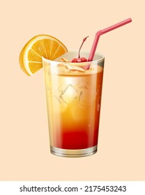 3d Icy Tequila Sunrise Cocktail. Glass Mockup Decorated With Straw, Cherry And An Orange Wedge. Realistic Alcohol Drink Element Isolated On Light Yellow Background.