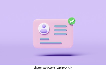 3d Id card icon with check mark isolated on purple background. human resources, plastic card, Job search, verify identity concept, 3d render illustration 