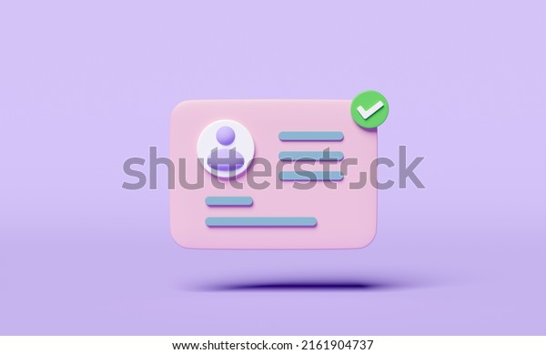 3d Id card icon with check mark\
isolated on purple background. human resources, plastic card, Job\
search, verify identity concept, 3d render illustration\
