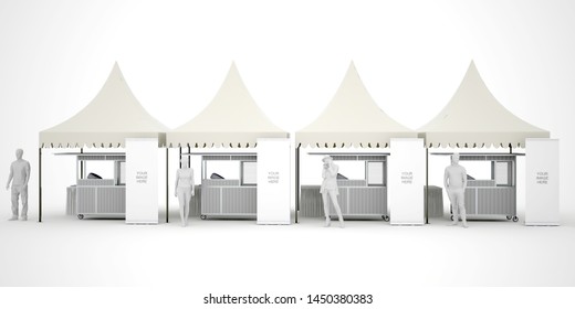 3d Illistration Sarnavile Tent 3x3 M With Food Stall And Table Serving Blank Roll Up Banner For Information Product. High Resolution Image White Background Isolated.