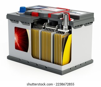 3D illlustration of a generic car battery showing a portion of the battery interior structure.
