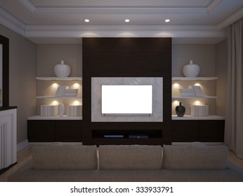 3D Illusrtation Of TV Unit With Shelves And Backlight