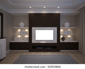 3D Illusrtation Of TV Unit With Shelves And Backlight