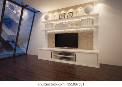 3D Illusrtation Of TV Unit With Shelves And Backlight