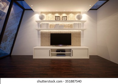 3D Illusrtation Of TV Unit With Shelves And Backlight