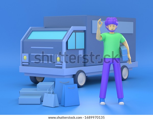 3d illustrate\
Delivery man with boxes in front of the van as local delivery\
service and shipping\
concept.