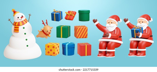 3d illustrated Christmas element set isolated on light blue background. Including snowman, reindeer, various gift boxes, Santa Claus with and without present. - Powered by Shutterstock