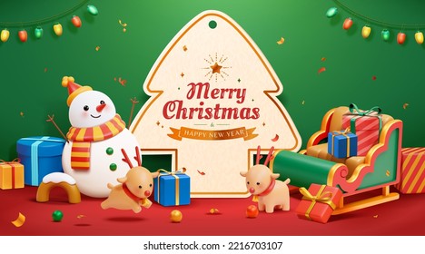 3d illustrated Christmas poster. Composition of a Christmas tree shape paper tag surrounded by gifts, snowman, reindeer and sleigh with more gift boxes. - Powered by Shutterstock