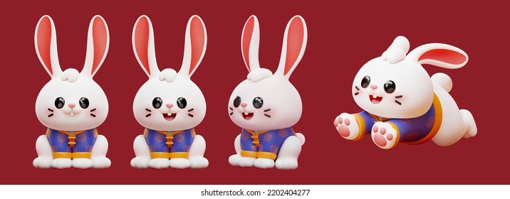 3d illustrated cute rabbits wearing traditional costume in different expressions and poses isolated on red background. - Powered by Shutterstock