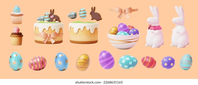 3D illustrated sweet festive Easter set isolated on light orange background. Including painted eggs, porcelain bunny, bowl of eggs, layer cake, and cupcake. - Powered by Shutterstock