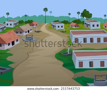 3D illustrated top view of a typical Indian village.