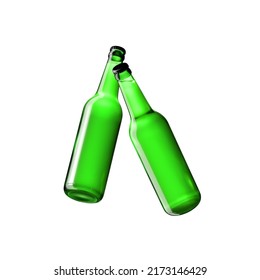 3d illustration. 2 green beer bottles float in the air. Isolation, shadow, caustics. Mockup, presentation, advertising. 3d render.