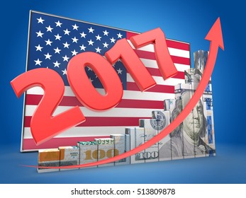 3d Illustration Of 2017 Year Over USA Flag Background With Dollar Graph And Rising Arrow