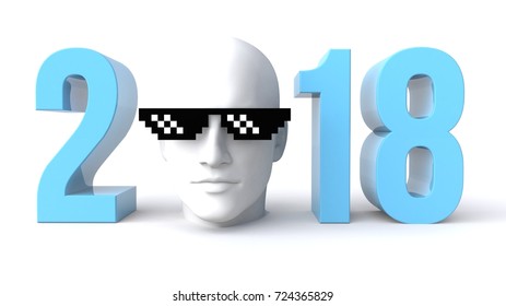 3D illustration of 2018 text with a head wearing thug glasses