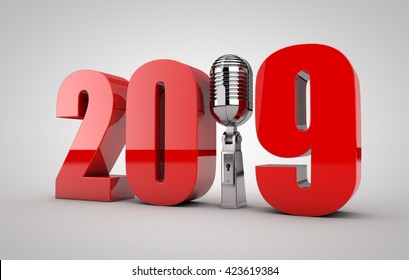 3D illustration of  2019 text with Microphone