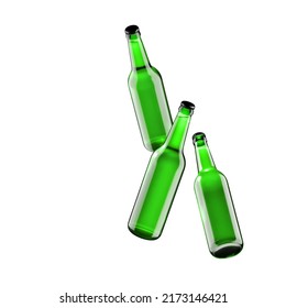 3d illustration. 3 green beer bottles float in the air. Isolation, shadow, caustics. Mockup, presentation, advertising. 3d render.