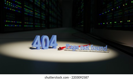 3D Illustration 404 Page Not Found On Data Center Floor With Unplugged Ethernet Cable