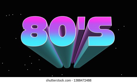 3D Illustration Of 80s Text On Black Background. 3D Rendering.