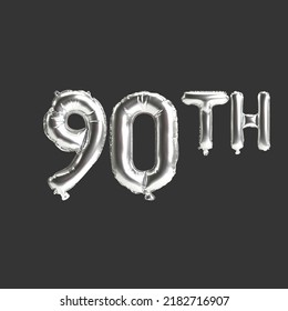 3d illustration of 90th silver balloons isolated on dark background