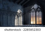 3d illustration. Abandoned castle with a large gothic window the rays of the sunset. Cathedral medieval architecture