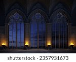 3d illustration. Abandoned castle with a large gothic window the rays of the sunset. Cathedral medieval architecture