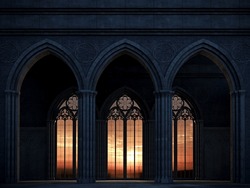 3d Illustration. Abandoned Castle With A Large Gothic Window The Rays Of The Sunset. Cathedral Medieval Architecture