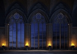 3d Illustration. Abandoned Castle With A Large Gothic Window The Rays Of The Sunset. Cathedral Medieval Architecture