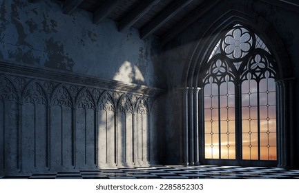 3d illustration  Abandoned castle and large gothic window the rays the sunset  Cathedral medieval architecture