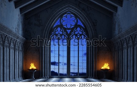 3d illustration. Abandoned castle with a large gothic window the rays of the sunset. Cathedral medieval architecture ストックフォト © 