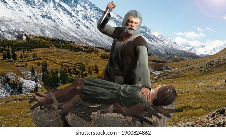 3D illustration of Abraham about to sacrifice Isaac on the altar