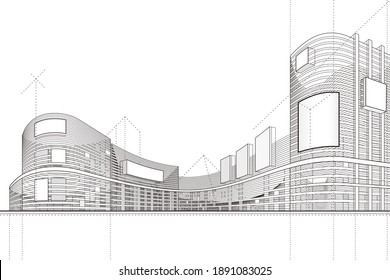 3D Illustration Abstract Architecture Building Line Drawing.